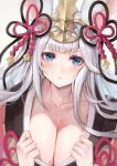  1girl animal_ears bangs blue_eyes blush breasts cleavage closed_mouth collarbone dress erune granblue_fantasy hair_ornament japanese_clothes oyu_(sijimisizimi) silver_hair socie_(granblue_fantasy) 