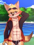  abs band-aid bandage blush bodily_fluids bulge canid canine clothed clothing fox hi_res male mammal manadezimon muscular muscular_male open_shirt pecs shirt solo speedo sweat swimming_goggles swimming_pool swimwear teenager topwear wet young 