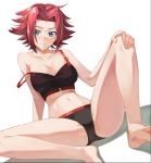  1girl blue_eyes blush breasts cleavage code_geass hand_on_own_knee highres kallen_stadtfeld large_breasts looking_at_viewer red_hair rourou_ill shiny shiny_hair shiny_skin short_hair simple_background solo white_background 