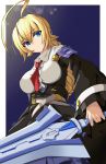  1girl ahoge bangs blazblue blonde_hair blue_eyes braid breasts chaesu dress es_(xblaze) eyebrows_visible_through_hair frills hair_between_eyes highres holding holding_sword holding_weapon huge_ahoge large_breasts long_hair long_sleeves looking_at_viewer necktie single_braid solo sword underbust weapon xblaze xblaze_code:_embryo 