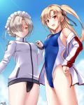  2girls artist_name azur_lane black_swimsuit blonde_hair blue_sky blue_swimsuit blush braid breasts cape cleveland_(azur_lane) cloud cloudy_sky competition_swimsuit covered_navel cowboy_shot dated day eyebrows_visible_through_hair french_braid from_below hair_between_eyes hair_over_one_eye highleg highleg_swimsuit highres jacket long_hair long_sleeves looking_at_viewer looking_down maid_headdress multiple_girls one-piece_swimsuit one_side_up open_mouth outdoors platinum_blonde_hair ponytail red_eyes sheffield_(azur_lane) sky small_breasts standing swimsuit swimsuit_under_clothes tsuchimiya white_jacket 