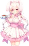  1girl animal_ears apron bangs bare_shoulders blush bow breasts bunny_ears center_frills closed_mouth commentary_request cup elbow_gloves eyebrows_visible_through_hair flower frills gloves hair_between_eyes hair_bow hands_up highres holding holding_tray jug large_breasts long_hair looking_at_viewer low_twintails original pink_bow pink_skirt pleated_skirt red_eyes saucer shirt simple_background skindentation skirt sleeveless sleeveless_shirt smile solo spoon tea teacup thighhighs tray twintails usashiro_mani very_long_hair white_apron white_background white_gloves white_hair white_legwear white_shirt yellow_flower 