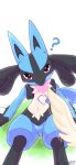  2019 3_fingers 3_toes ambiguous_gender anthro biped black_body black_fur blue_body blue_fur blush canid canine fingers fur hi_res lucario mammal netiel nintendo nude pok&eacute;mon pok&eacute;mon_(species) red_eyes signature simple_background sitting smile solo spikes toes video_games white_background yellow_body yellow_fur 
