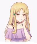  1girl blonde_hair blush brown_eyes choker collarbone commentary cropped_torso eyebrows_visible_through_hair hand_on_own_cheek hidaka_koharu high_score_girl lenko long_hair looking_at_viewer off-shoulder_shirt off_shoulder parted_lips purple_shirt shirt simple_background smile solo upper_body white_background 