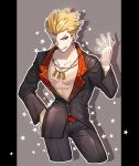  1boy alternate_costume belt black_pants black_shirt blonde_hair cowboy_shot cropped_legs earrings fate/stay_night fate_(series) gilgamesh grey_background grin hand_on_hip highres jewelry kmk looking_at_viewer male_focus necklace one_eye_closed pants pillarboxed red_eyes shirt smile solo star 
