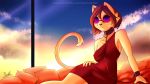  16:9 anthro bdsm bed bondage bound breasts clothed clothing domestic_cat dress felid feline felis female fully_clothed furniture hair harriet_(rawbelr) inside mammal pillow rawbelr red_clothing red_dress short_hair solo sunset 