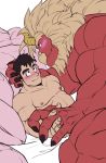  2019 4_fingers 5_fingers beard bed big_muscles black_hair blush couple_(disambiguation) demon eyebrows facial_hair fingers furniture gardie_(otukimi) hair hi_res horn human kohei_(otukimi) light_skin male male/male mammal muscular muscular_male nude othukimi red_body red_skin size_difference tan_hair thick_eyebrows yellow_horn 