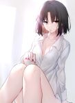  1girl absurdres black_eyes black_hair eyebrows_visible_through_hair highres ice_cream_cup ice_cream_scoop in_mouth kara_no_kyoukai knees_up no_bra okakasushi panties partially_unbuttoned ryougi_shiki shirt short_hair solo underwear 