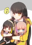  3girls armband black_gloves black_hair blue_eyes brown_eyes carrying chibi closed_mouth eating english_commentary eyebrows_visible_through_hair fingerless_gloves floppy_disk girls_frontline gloves green_hair heterochromia hood hood_down hooded_jacket jacket long_hair m4a1_(girls_frontline) mod3_(girls_frontline) multicolored_hair multiple_girls musical_note pink_hair purple_hair red_eyes ro635_(girls_frontline) spoken_musical_note st_ar-15_(girls_frontline) streaked_hair two-tone_hair u_nagidon white_hair yellow_eyes yellow_jacket 