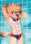  abs band-aid bandage biceps blush bulge canid canine clothed clothing fox hi_res male mammal manadezimon muscular muscular_male pecs shower solo speedo swimming_goggles swimwear teenager topless water wet young 