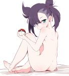  1girl ass asymmetrical_bangs bangs barefoot bed_sheet black_hair blush commentary_request full_body green_eyes hair_ribbon holding holding_poke_ball long_hair looking_at_viewer looking_to_the_side mary_(pokemon) noa_(nagareboshi) nude poke_ball poke_ball_(generic) pokemon pokemon_(game) pokemon_swsh red_ribbon ribbon sitting soles solo twintails white_background 