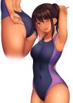  1girl adjusting_clothes adjusting_swimsuit armpits arms_behind_head ass black_hair breasts brown_eyes competition_swimsuit covered_navel cowboy_shot dark_skin looking_at_viewer medium_breasts momo_no_kanzume multiple_views one-piece_swimsuit one_eye_closed open_mouth original short_hair swimsuit white_background 