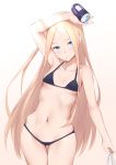  1girl :o abigail_williams_(fate/grand_order) arm_up bangs bare_arms bare_shoulders bendy_straw bikini black_bikini blonde_hair blue_eyes breasts brown_background can collarbone commentary_request drinking_straw fate/grand_order fate_(series) forehead gradient gradient_background highres holding holding_can jilu long_hair looking_at_viewer mouth_hold navel parted_bangs parted_lips skindentation small_breasts solo swimsuit thigh_gap very_long_hair white_background 