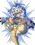  2019 anthro anus balls belly blush buried_penis butt censor_bar censored chibineco digimon digimon_(species) gabumon hi_res lying male moobs overweight overweight_male penis solo 