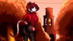  16:9 autumn bell breasts cables calico_cat church clothing domestic_cat fangs felid feline felis hair leather_skirt legwear lingerie looking_at_viewer mammal rawbelr red_clothing red_hair red_shirt red_topwear shirt stockings topwear tree 