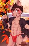  abs asian_clothing blush bulge canid canine clothing ear_piercing east_asian_clothing fundoshi hi_res japanese_clothing male mammal manadezimon melee_weapon muscular muscular_male pecs piercing solo sword underwear weapon 