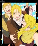  2girls 3boys :d ;d ^_^ ahoge alphonse_elric angel_wings apron black_border black_skirt blonde_hair blue_eyes blush border breasts brothers brown_coat brown_hair buttons closed_eyes coat collared_shirt commentary_request confetti covering covering_mouth crying dated dress dress_shirt earrings edward_elric father_and_son fingernails floating_hair from_above fullmetal_alchemist glasses good_brothers_day halo hand_on_another&#039;s_arm hands_clasped hands_on_another&#039;s_shoulders happy happy_tears highres jewelry long_hair looking_at_another looking_at_viewer looking_back medium_breasts mother_and_son multiple_boys multiple_girls one_eye_closed open_mouth outside_border outstretched_arm outstretched_hand own_hands_together pleated_skirt ponytail profile purple_dress shiny shiny_hair shirt short_sleeves siblings sidelocks skirt smile straight_hair tears teeth translation_request trisha_elric van_hohenheim vest white_apron white_shirt wings winry_rockbell yellow_eyes yellow_shirt yuppenta2 