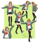  1girl belt_boots black_footwear blush boots collage cross-laced_footwear fur_trim glasses headphones jacket knee_boots lace-up_boots long_hair looking_at_viewer multiple_views orange_hair persona persona_5 persona_5:_dancing_star_night sakura_futaba smile thighhighs thighhighs_under_boots werkbau 