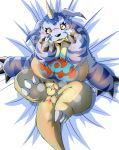  2019 anthro anus balls bed_sheet bedding belly blush bodily_fluids buried_penis butt chibineco claws digimon digimon_(species) gabumon hi_res looking_at_viewer lying male moobs overweight overweight_male paws penis simple_background solo sweat 
