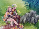  1boy 1girl :d bike_shorts black_jacket black_legwear black_pants black_shorts blue_eyes blurry_foreground brown_hair closed_eyes collared_jacket day fingerless_gloves gloves green_bandana haruka_(pokemon) hat highres jacket medium_hair mu_acrt open_mouth orange_jacket outdoors pants pants_under_shorts pokemon pokemon_(game) pokemon_rse shiny shiny_clothes short_sleeves shorts signature sitting sleeveless sleeveless_jacket smile socks white_headwear wing_collar yuuki_(pokemon) 