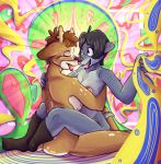  acid bodily_fluids breasts butt_cheaks canid canine canis cervid clothing dengus-pengus domestic_dog domination duo eyes_closed female female_domination hug kissing legwear mammal penis psychedelic rainbow saliva smile socks trippy_background 