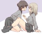  2girls akaboshi_koume arm_support bangs black_legwear black_skirt blue_eyes blush brown_hair commentary dress_shirt eyebrows_visible_through_hair from_side girls_und_panzer grey_shirt hand_on_another&#039;s_knee itsumi_erika kneeling kuromorimine_school_uniform leaning_back leaning_forward light_frown long_sleeves looking_at_another medium_hair miniskirt multiple_girls open_mouth pleated_skirt school_uniform shirt short_hair silver_hair sitting skirt smile socks uona_telepin wavy_hair yuri 