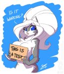  anthro black_body black_fur blue_background blue_eyes breasts chloe_sinclaire conditional_dnp convenient_censorship dialogue english_text female fur hair jollyjack mammal mephitid sign simple_background skunk solo text white_body white_fur white_hair 