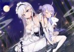  2girls absurdres apron azur_lane bangs bare_shoulders belfast_(azur_lane) black_ribbon blush braid breasts broken broken_chain chain cleavage closed_mouth collar collarbone dress french_braid frilled_apron frilled_gloves frills gloves hair_bun highres large_breasts long_hair looking_at_viewer maid_headdress multiple_girls object_hug one_side_up purple_hair ribbon side_bun silver_hair small_breasts smile stuffed_animal stuffed_toy stuffed_unicorn unicorn_(azur_lane) white_apron white_dress white_gloves yayoichi_(yoruyoru108) 