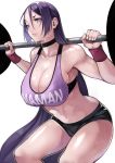  1girl 55level alternate_costume bangs barbell bare_shoulders breasts choker cleavage collarbone fate/grand_order fate_(series) hair_between_eyes highres huge_breasts large_breasts long_hair midriff minamoto_no_raikou_(fate/grand_order) muscle muscular_female parted_bangs purple_hair shorts skindentation squatting sweat tank_top thighs very_long_hair weightlifting wristband 