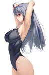  1girl armpits arms_up blue_eyes breasts closed_mouth cowboy_shot grey_hair highres large_breasts long_hair masao one-piece_swimsuit original profile school_swimsuit solo standing swimsuit white_background 