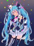  1girl ;) absurdres argyle argyle_legwear armpits black_legwear blue_hair blush bow bowtie breasts bubble_skirt confetti dark_background diamond_(shape) facepaint feet_out_of_frame frilled_neckwear frills gloves gradient gradient_background hair_between_eyes hand_on_hip hat hatsune_miku highres holding holding_staff light_particles long_hair magical_mirai_(vocaloid) mini_hat mini_top_hat mismatched_legwear one_eye_closed pink_neckwear polka_dot shiny shiny_skin sidelocks simple_background skirt sleeveless small_breasts smile solo staff standing striped striped_legwear thighhighs top_hat twintails very_long_hair vocaloid white_gloves white_headwear white_skirt yamori_shiki zettai_ryouiki 