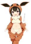  1girl :d ass_visible_through_thighs bangs black_hair blush_stickers brown_eyes commentary cosplay double_v eevee eevee_(cosplay) eevee_ears eevee_tail eyebrows_visible_through_hair fang fur_bikini fur_collar looking_at_viewer navel open_clothes open_mouth poke_kid_(pokemon) pokemon pokemon_(game) pokemon_swsh short_hair simple_background smile solo tail thigh_gap tottotonero translated v white_background zipper zipper_pull_tab 