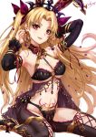  1girl animal_ears arms_up artist_name bangs bare_shoulders between_breasts black_bra black_legwear black_panties blonde_hair blurry blurry_background blush bra breasts bunny_ears chain cleavage earrings ereshkigal_(fate/grand_order) eyelashes fate/grand_order fate_(series) gem gold_trim halterneck high_heels highres infinity jewelry long_hair looking_at_viewer medium_breasts navel panties parted_bangs parted_lips red_eyes red_ribbon ribbon sakiyamama signature sitting smile solo sparkle stomach_tattoo tattoo thighs tiara two_side_up underwear wariza white_background 