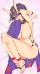  1girl absurdres alternate_breast_size ankle_ribbon armpits arms_up bangs barefoot barefoot_sandals bed_sheet blush bob_cut breasts covering_mouth eyebrows_visible_through_hair eyeliner fate/grand_order fate_(series) feet fingernails hair_between_eyes hand_over_own_mouth hand_to_own_mouth headpiece highres horns japanese_clothes kimono knees_to_chest large_breasts long_sleeves looking_at_viewer lying makeup mukka nipples nude on_back oni oni_horns paid_reward patreon_reward purple_eyes purple_hair purple_kimono pussy_juice revealing_clothes ribbon short_eyebrows short_hair shuten_douji_(fate/grand_order) skin-covered_horns solo toes 