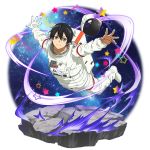  1boy astronaut astronaut_helmet black_eyes black_hair boots closed_mouth collarbone flying full_body gloves highres kirito looking_at_viewer male_focus official_art outstretched_arms pants shiny shiny_hair sky smile solo star star_(sky) starry_sky sword_art_online transparent_background white_footwear white_pants 