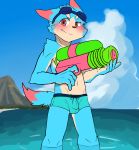  anthro balls_outline beach blush bulge clothed clothing domestic_cat felid feline felis hi_res male mammal manadezimon penis_outline sea seaside solo swimming_goggles topless water water_gun young 