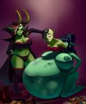  2018 belly big_belly big_breasts black_hair blizzard_entertainment breasts butt clothing ear_piercing female female_pred female_prey goblin green_body green_skin group hair hi_res horn humanoid humanoid_pointy_ears hyper hyper_belly metalforever midriff nipples not_furry nude oral_vore overweight piercing pixxy_fizzleclank soft_vore swallowing video_games vore warcraft 