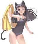  1girl animal_ears armpits ass_visible_through_thighs bangs black_hair blue_eyes blue_swimsuit blunt_bangs blush cat_ears cowboy_shot highres looking_at_viewer masao old_school_swimsuit one-piece_swimsuit open_mouth original school_swimsuit solo swimsuit towel 