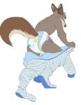  2019 absurd_res anthro big_bird blue_eyes brooks canid canine canis changing clothing colt3n cookie_monster diaper fur furgonomics grey_body grey_fur hi_res male mammal pajamas sesame_street simple_background solo white_background wolf yellow_sclera 