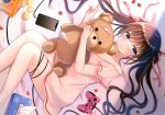  black_hair blue_eyes blush food original petals phone sakura_hiyori scan teddy_bear twintails video_games 