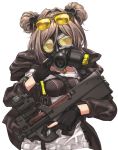  1girl adjusting_mask bangs between_breasts black_gloves black_jacket breasts bullpup choker collarbone covered_mouth double_bun eyewear_on_head gas_mask girls_frontline gloves gun hair_between_eyes hair_intakes highres holding holding_gun holding_weapon hood hood_down ivan_wang jacket jewelry looking_at_viewer medium_breasts open_clothes open_jacket p90 p90_(girls_frontline) partly_fingerless_gloves pendant red_eyes simple_background solo submachine_gun sunglasses trigger_discipline upper_body weapon white_background 