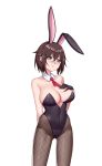  1girl absurdres animal_ears arm_behind_head ass_visible_through_thighs bangs bare_shoulders black_gloves black_hairband black_leotard breasts brown_hair brown_legwear bunny_ears bunnysuit cleavage closed_mouth collarbone commentary_request covered_navel detached_collar du_mogu eyebrows_visible_through_hair fake_animal_ears fishnet_legwear fishnets frown gloves green_eyes hair_between_eyes hairband hand_on_own_chest highleg highleg_leotard highres large_breasts leotard looking_away looking_to_the_side necktie original red_neckwear short_hair simple_background solo strapless strapless_leotard thighs white_background 