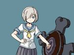  1girl adrian_ferrer blue_eyes commentary cowboy_shot english_commentary fate/grand_order fate_(series) gloves grey_background grey_skirt hair_ornament hair_over_one_eye hairclip hamakaze_(kantai_collection) kantai_collection look-alike looking_at_viewer pleated_skirt school_uniform serafuku shield short_hair short_sleeves silver_hair simple_background skirt solo weapon white_gloves yellow_neckwear 
