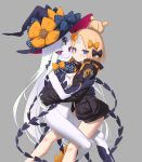  2girls abigail_williams_(fate/grand_order) alphy bangs black_bow black_headwear black_jacket black_legwear blonde_hair blue_eyes bow breast_press breasts commentary_request dual_persona evil_grin evil_smile fate/grand_order fate_(series) feet_out_of_frame grey_background grin hair_bow hair_bun hat hat_bow heroic_spirit_traveling_outfit highres jacket kneehighs long_hair long_sleeves looking_at_viewer medium_breasts multiple_girls nude orange_bow pale_skin parted_bangs polka_dot polka_dot_bow red_eyes revealing_clothes sharp_teeth simple_background sleeves_past_fingers sleeves_past_wrists smile symmetrical_docking teeth very_long_hair white_hair witch_hat 