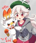  1girl cardigan corrin_(fire_emblem) corrin_(fire_emblem)_(female) cosplay dress eromame fire_emblem fire_emblem_fates gen_8_pokemon green_headwear long_hair long_sleeves open_mouth pink_dress pointy_ears pokemon pokemon_(creature) pokemon_(game) pokemon_swsh red_eyes scorbunny tam_o&#039;_shanter twitter_username white_hair yuuri_(pokemon) yuuri_(pokemon)_(cosplay) 