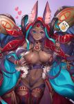  1girl absurdres animal_ears aqua_eyes bangs bare_shoulders blue_eyes breasts bridal_gauntlets cleavage commentary_request dark_skin fangs fate/grand_order fate_(series) fengyin_shici_guozi gem head_chain highres hood horns jewelry large_breasts long_hair looking_at_viewer navel nipples open_mouth purple_hair queen_of_sheba_(fate/grand_order) smile solo tan very_long_hair 