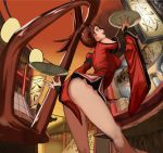  1girl bare_legs bent_over breasts brown_eyes brown_hair china_dress chinese_clothes chopsticks cowboy_shot day dress flasso food_stand guilty_gear highres kuradoberi_jam leaning_forward long_hair long_sleeves looking_at_viewer medium_breasts open_mouth outdoors plate profile short_dress shoulder_cutout smoke solo steam thighs twintails wide_sleeves 