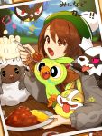  1girl bangs blue_sky blurry blurry_background blush brown_eyes brown_hair cardigan cloud commentary_request curry curry_rice day depth_of_field eyebrows_visible_through_hair food galarian_zigzagoon gen_8_pokemon green_headwear grey_cardigan grookey hair_between_eyes highres holding holding_plate holding_spoon long_sleeves milcery nima_(niru54) outdoors plate pokemon pokemon_(creature) pokemon_(game) pokemon_swsh puffy_long_sleeves puffy_sleeves rice rookidee sheep sky spoon star tam_o&#039;_shanter translation_request tree wooloo yamper yuuri_(pokemon) 