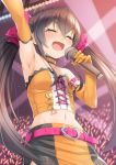  1girl :d ^_^ armpits bangs bare_shoulders belt belt_buckle black_hair black_skirt blurry blurry_background blush bow breasts buckle closed_eyes collarbone commentary_request cross-laced_clothes crying depth_of_field elbow_gloves eyebrows_visible_through_hair gloves glowstick groin hair_between_eyes hair_bow heart heart_buckle holding holding_microphone idolmaster idolmaster_cinderella_girls long_hair matoba_risa microphone midriff miri_(ago550421) navel open_mouth orange_gloves orange_shirt outstretched_arm pencil_skirt pink_belt pink_bow shirt skirt small_breasts smile solo strapless tears twintails very_long_hair 