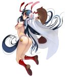  1girl ass bangs black_hair blunt_bangs breasts fan full_body hair_ornament highres holding holding_fan japanese_clothes large_breasts long_hair masao micro_bikini_top miko original profile red_bikini_top red_eyes solo white_background wide_sleeves 